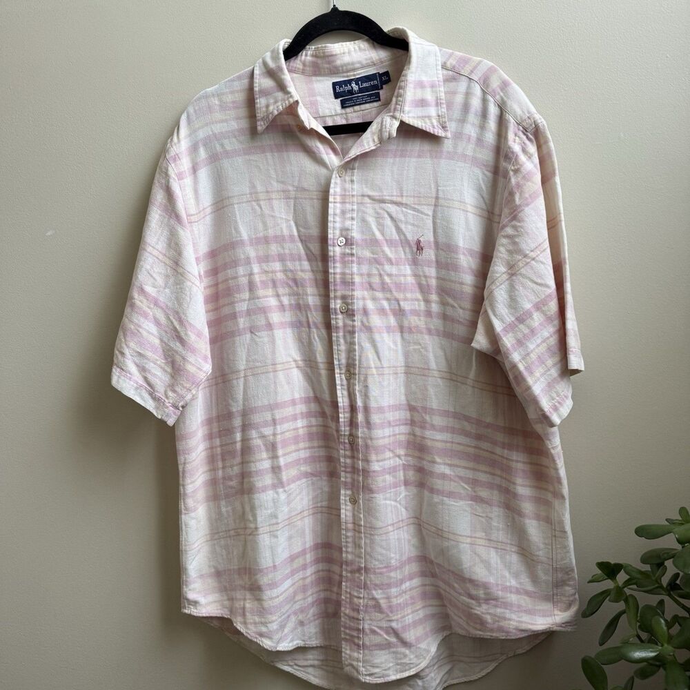 Vintage Ralph Lauren Pink Plaid Short Sleeve Shirt Cotton  Size XL